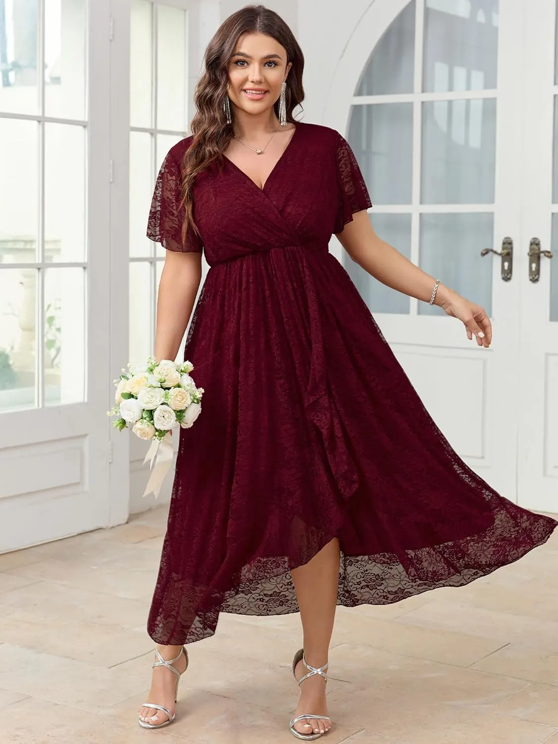 SCOMCHIC Womens Plus Size Wedding Guest Dress Formal Lace Faux Wrap V Neck High Low Short Sleeve Cocktail Maxi Dresses XL-4XL