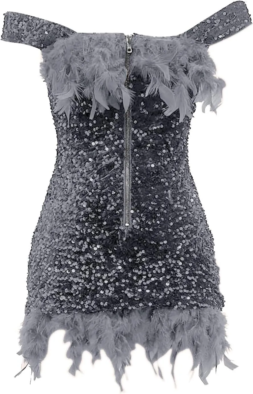 Sequin Feather Dress for Women Bodycon Short Dresses Off Shoulder Mini Dress Plus Size Club Party Night Outfits