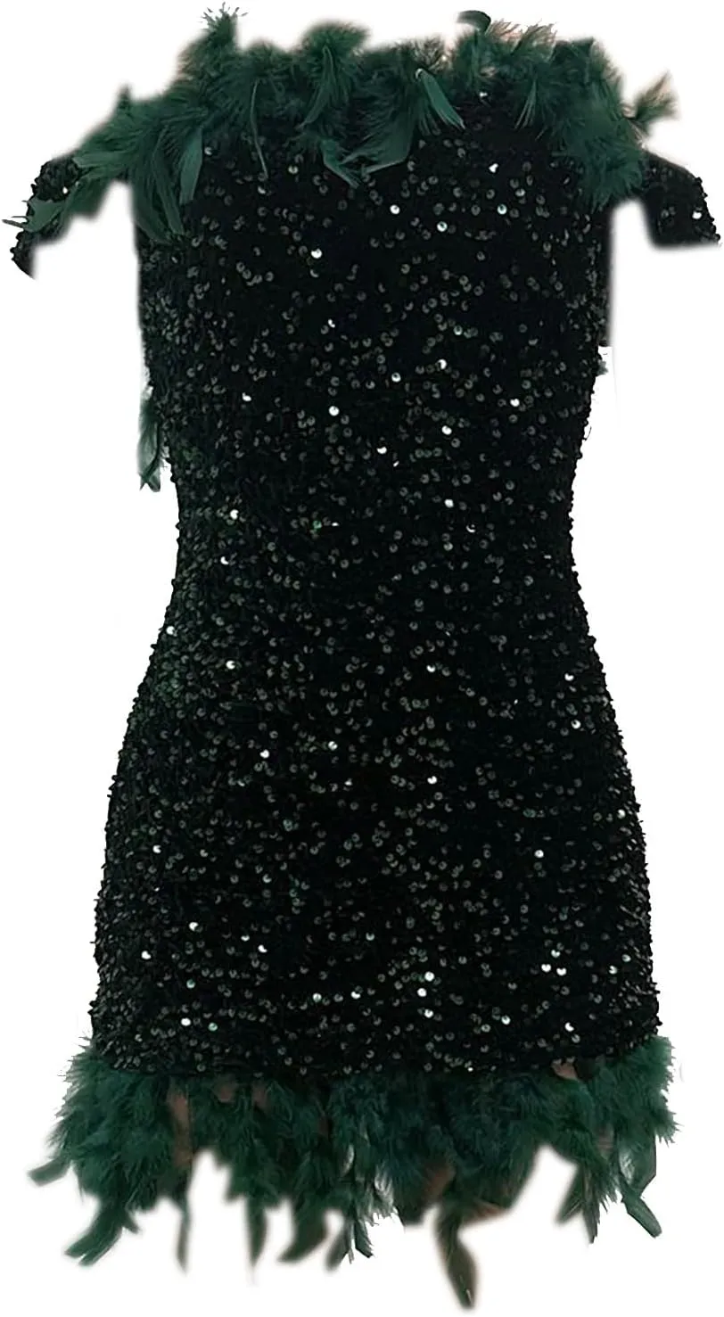 Sequin Feather Dress for Women Bodycon Short Dresses Off Shoulder Mini Dress Plus Size Club Party Night Outfits