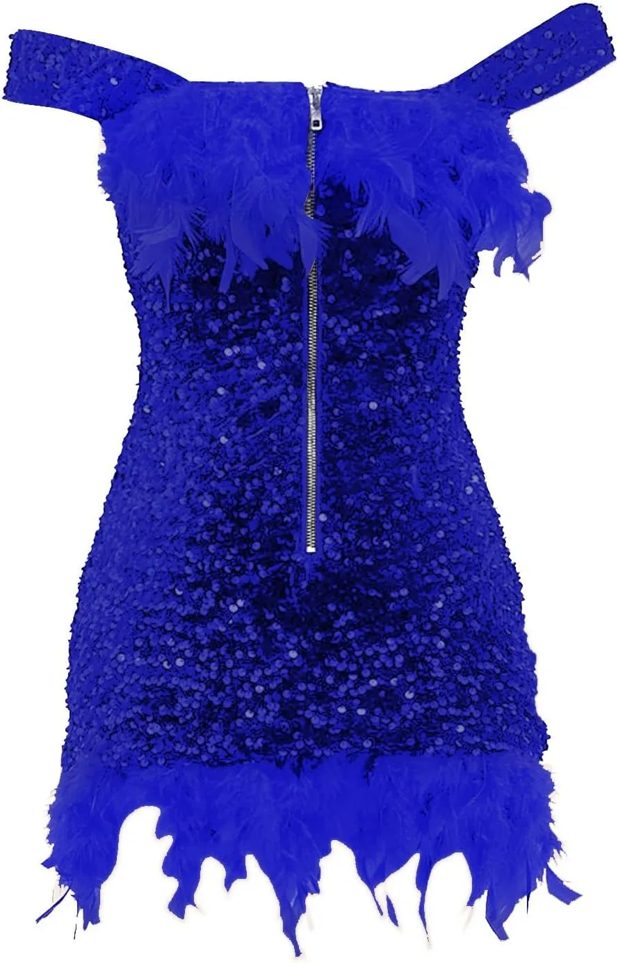 Sequin Feather Dress for Women Bodycon Short Dresses Off Shoulder Mini Dress Plus Size Club Party Night Outfits