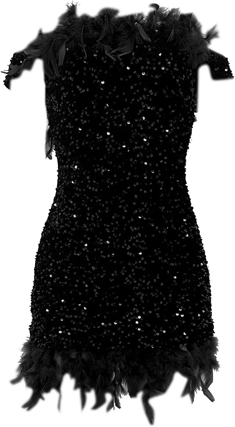 Sequin Feather Dress for Women Bodycon Short Dresses Off Shoulder Mini Dress Plus Size Club Party Night Outfits