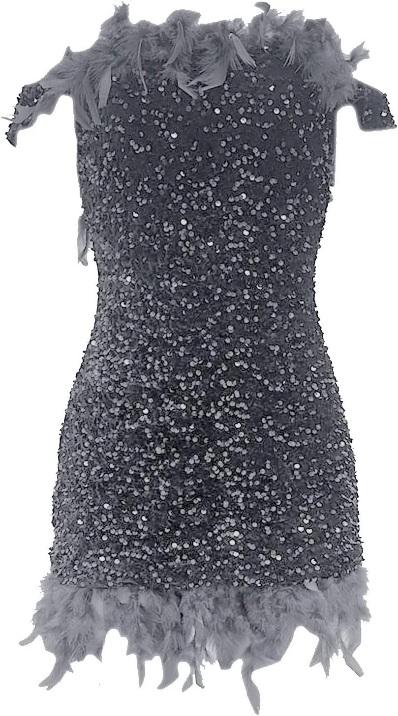 Sequin Feather Dress for Women Bodycon Short Dresses Off Shoulder Mini Dress Plus Size Club Party Night Outfits