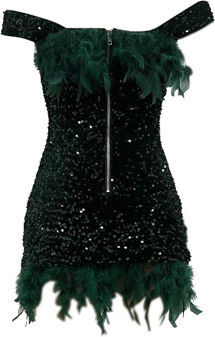 Sequin Feather Dress for Women Bodycon Short Dresses Off Shoulder Mini Dress Plus Size Club Party Night Outfits
