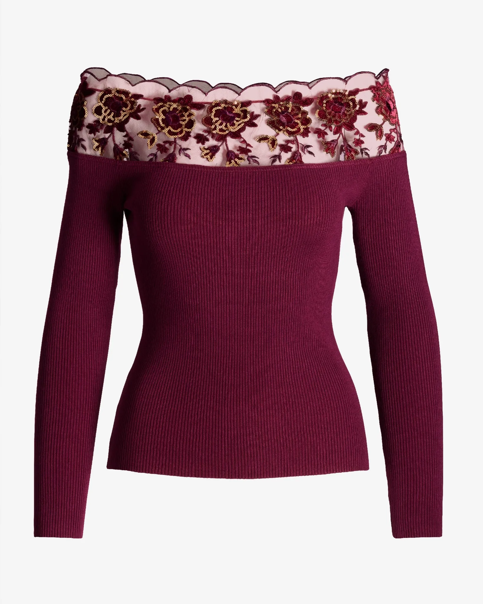 Sequin Lace Off the Shoulder Ribbed Sweater Burgundy