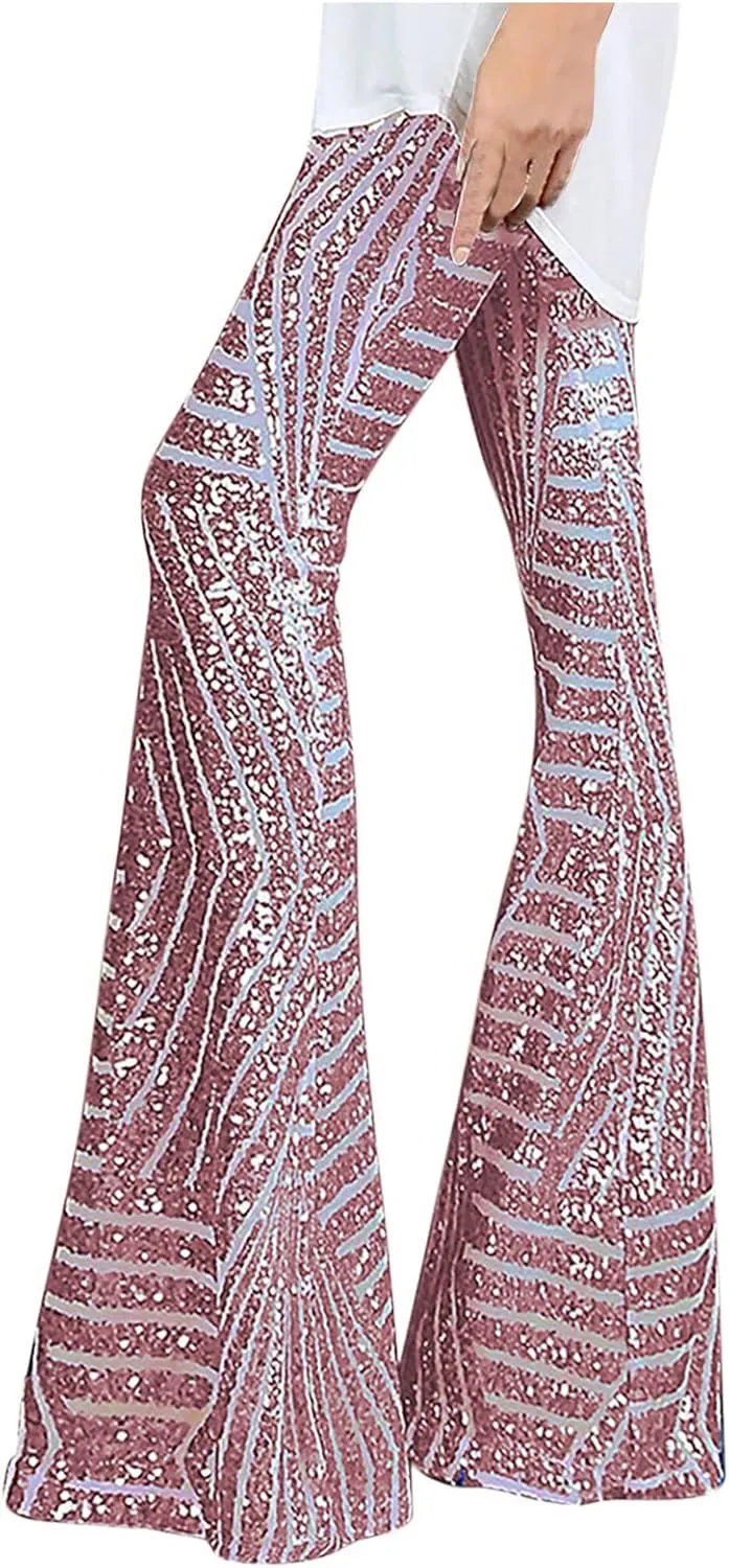 Sequin Pants Womens High Waist Bell Bottoms Glitter Wide Leg Palazzo Pants Night Club Sparkle Flared Trousers