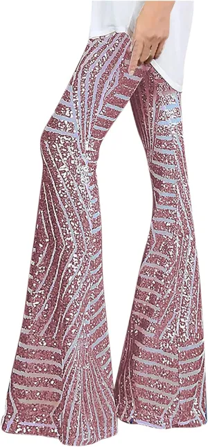 Sequin Pants Womens High Waist Bell Bottoms Glitter Wide Leg Palazzo Pants Night Club Sparkle Flared Trousers