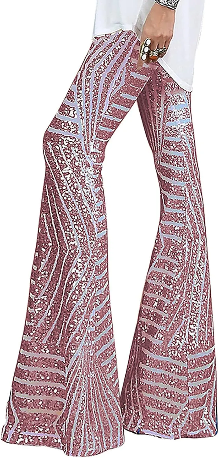 Sequin Pants Womens High Waist Bell Bottoms Glitter Wide Leg Palazzo Pants Night Club Sparkle Flared Trousers