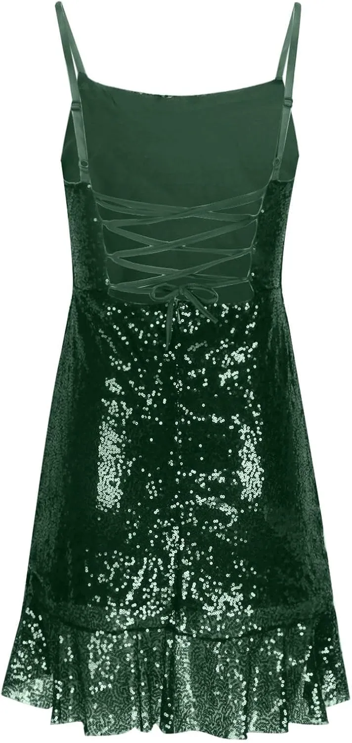 Sequin Short Homecoming Dresses 2024 for Teens Ruffle Hem Sparkly Sequin Spaghetti Straps Sexy Backless Cocktail Party Gowns