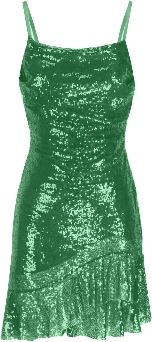 Sequin Short Homecoming Dresses 2024 for Teens Ruffle Hem Sparkly Sequin Spaghetti Straps Sexy Backless Cocktail Party Gowns