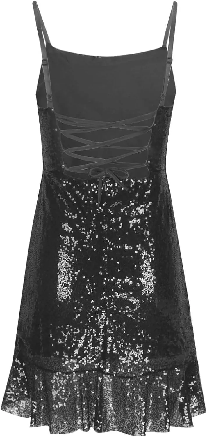 Sequin Short Homecoming Dresses 2024 for Teens Ruffle Hem Sparkly Sequin Spaghetti Straps Sexy Backless Cocktail Party Gowns