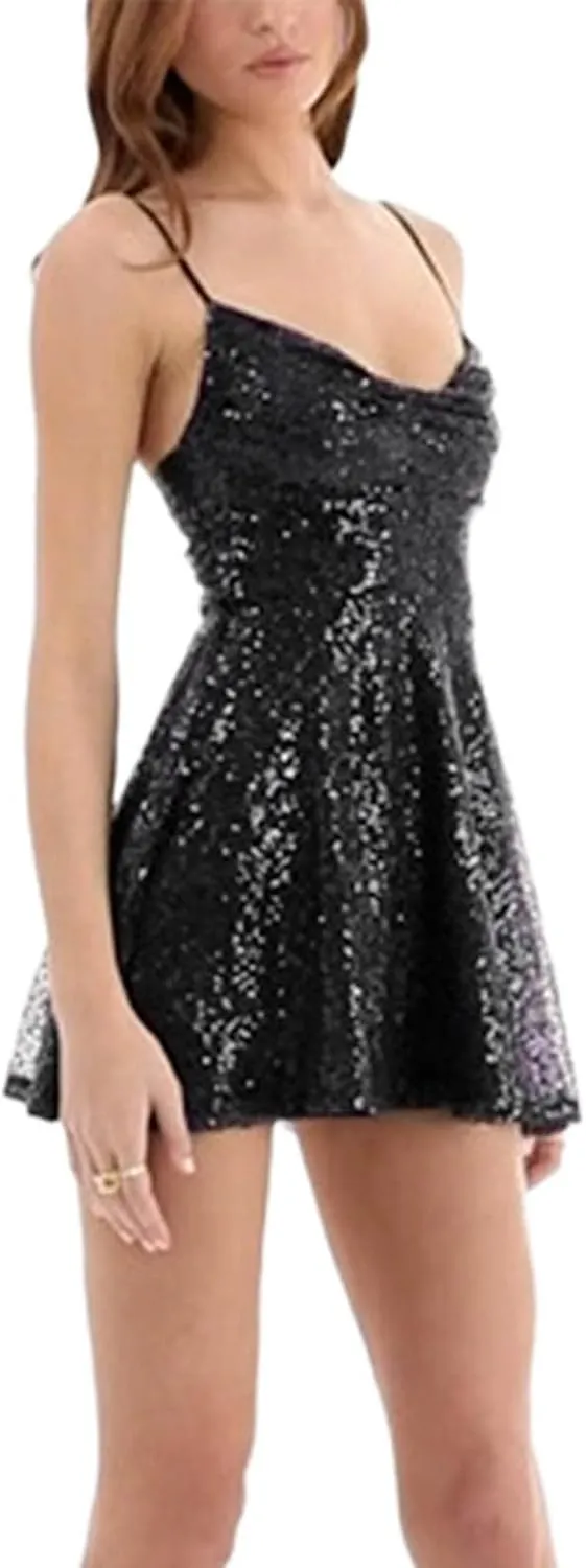 Sequin Short Homecoming Dresses 2024 for Teens Ruffle Hem Sparkly Sequin Spaghetti Straps Sexy Backless Cocktail Party Gowns