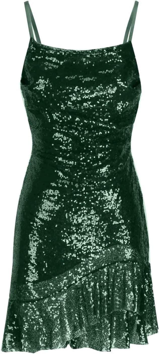 Sequin Short Homecoming Dresses 2024 for Teens Ruffle Hem Sparkly Sequin Spaghetti Straps Sexy Backless Cocktail Party Gowns