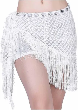 Sequin Tassel Skirt for Women Belly Dance Hip Scarf Wrap Sparkly Fringe Skirt Rave Festival Outfit Halloween Costume