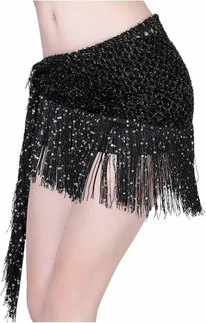 Sequin Tassel Skirt for Women Belly Dance Hip Scarf Wrap Sparkly Fringe Skirt Rave Festival Outfit Halloween Costume