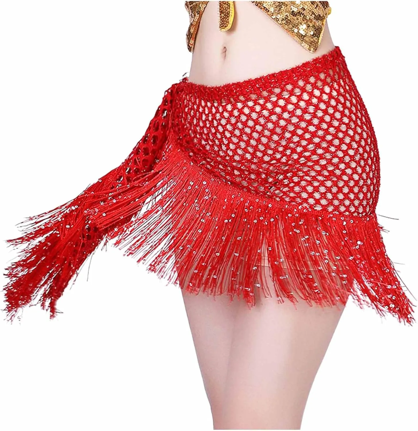Sequin Tassel Skirt for Women Belly Dance Hip Scarf Wrap Sparkly Fringe Skirt Rave Festival Outfit Halloween Costume