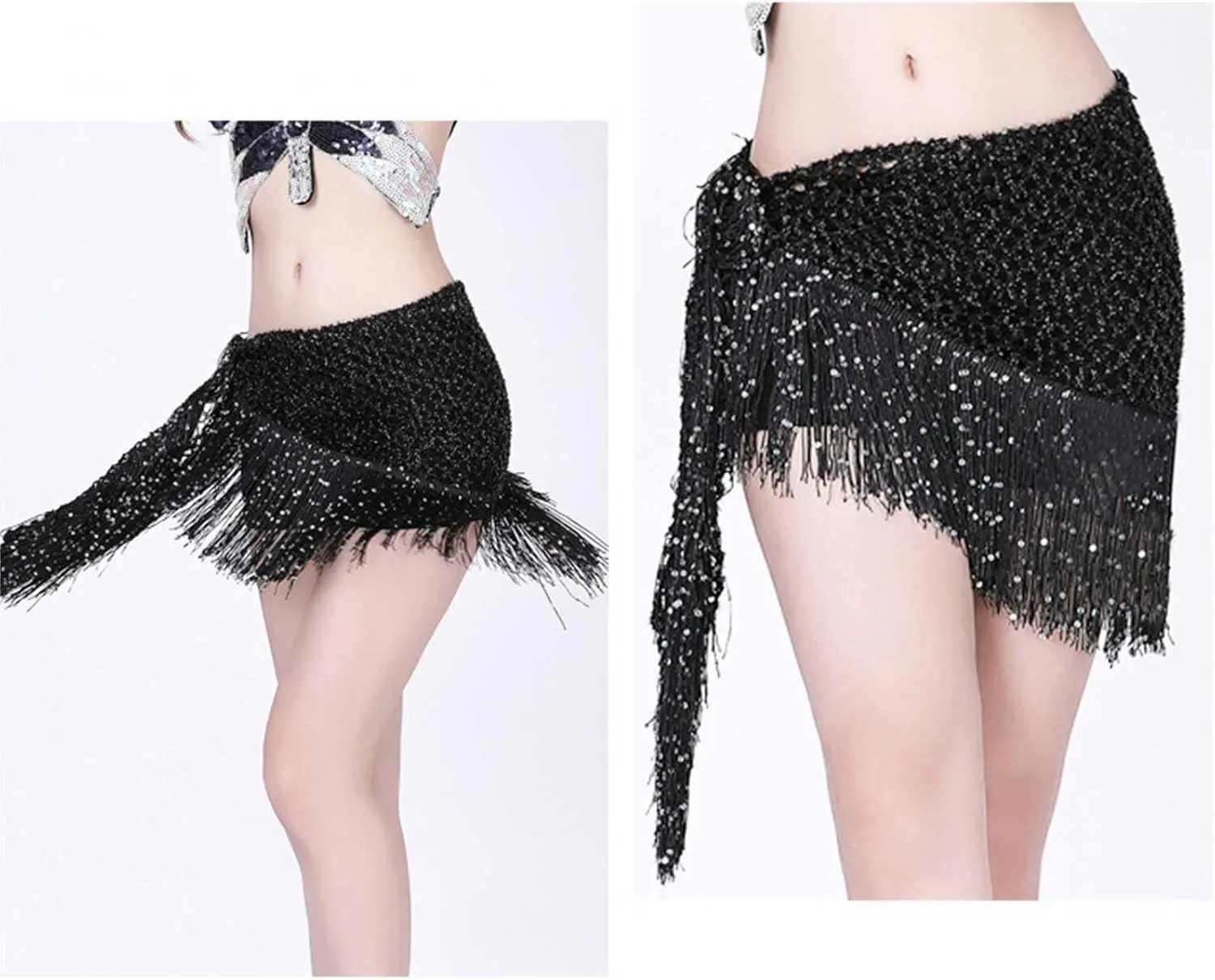 Sequin Tassel Skirt for Women Belly Dance Hip Scarf Wrap Sparkly Fringe Skirt Rave Festival Outfit Halloween Costume