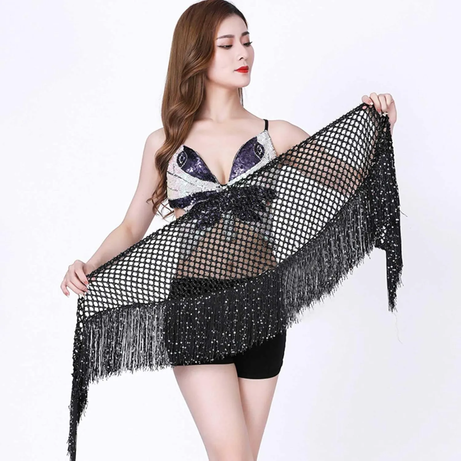 Sequin Tassel Skirt for Women Belly Dance Hip Scarf Wrap Sparkly Fringe Skirt Rave Festival Outfit Halloween Costume