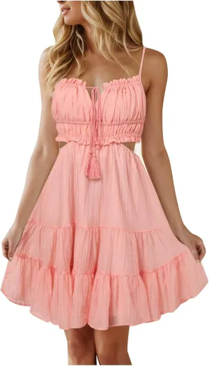 Sexy Dresses for Women Summer Spaghetti Strap Short Dress Side Cutout Drawstring Front Mini Sun Dress Prom Dresses