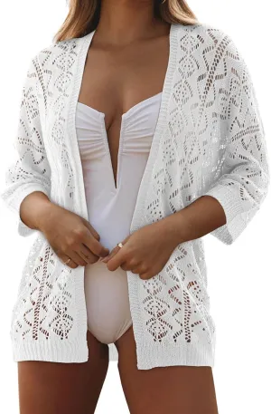 SHEWIN Summer Cardigan Sweaters for Women Lightweight 3/4 Sleeve Open Front Cropped Crochet Beach Cover Ups