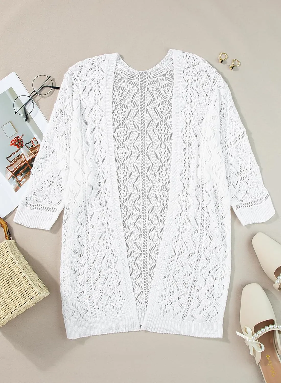 SHEWIN Summer Cardigan Sweaters for Women Lightweight 3/4 Sleeve Open Front Cropped Crochet Beach Cover Ups
