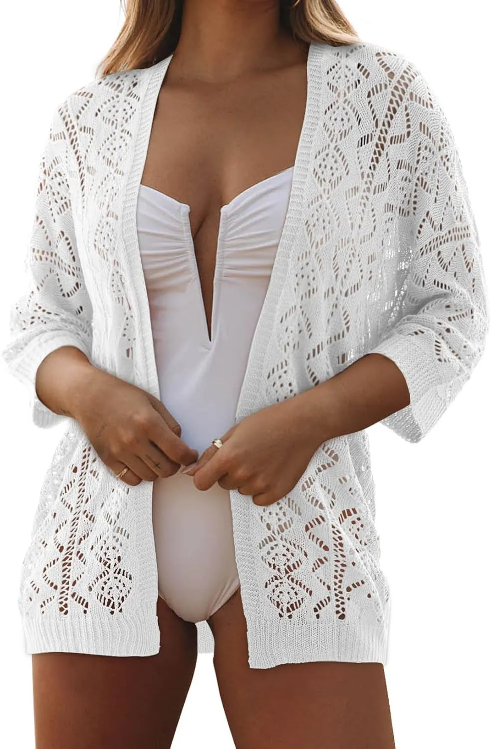 SHEWIN Summer Cardigan Sweaters for Women Lightweight 3/4 Sleeve Open Front Cropped Crochet Beach Cover Ups