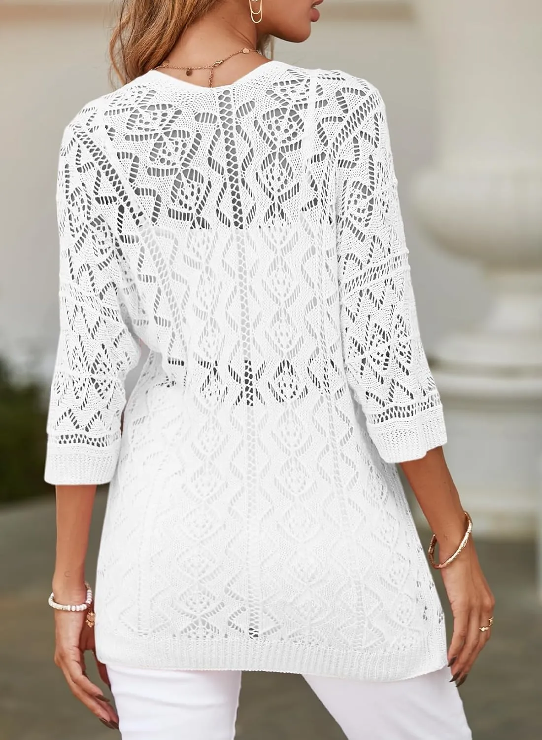 SHEWIN Summer Cardigan Sweaters for Women Lightweight 3/4 Sleeve Open Front Cropped Crochet Beach Cover Ups