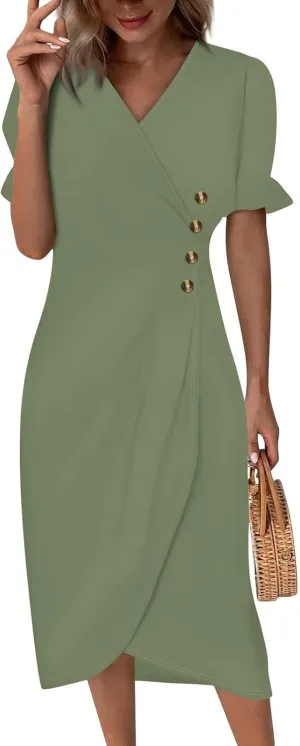 Shift Dresses for Women Faux Wrap Irregular Hem Boho Midi-Dress Elegant Summer Trendy 2025