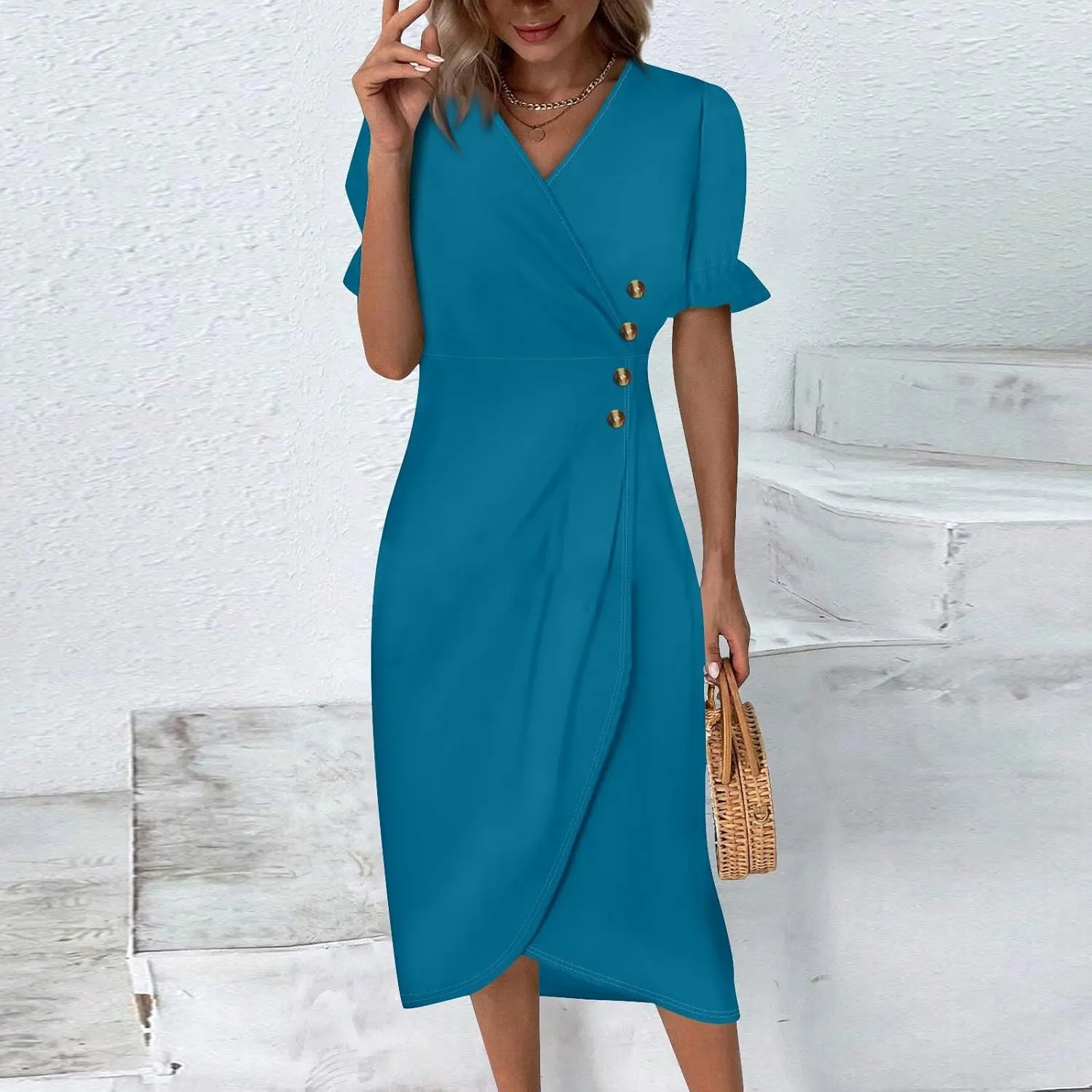Shift Dresses for Women Faux Wrap Irregular Hem Boho Midi-Dress Elegant Summer Trendy 2025