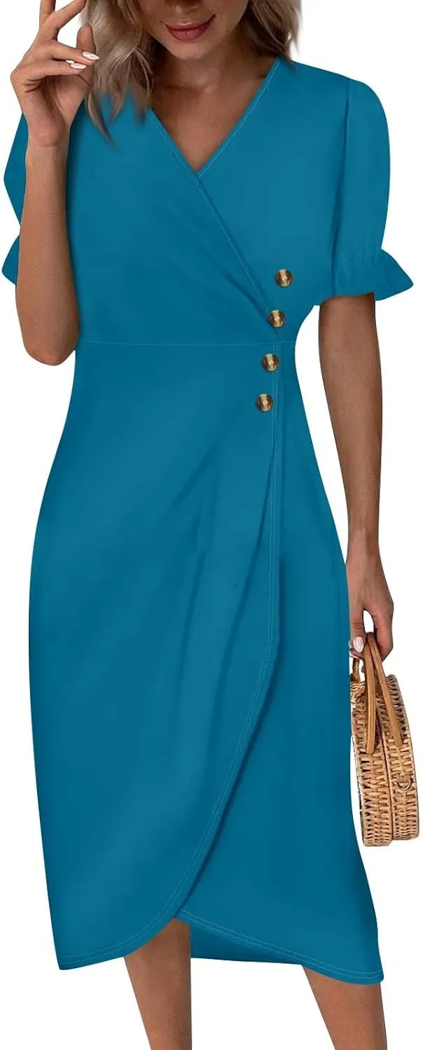Shift Dresses for Women Faux Wrap Irregular Hem Boho Midi-Dress Elegant Summer Trendy 2025