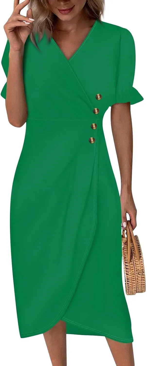 Shift Dresses for Women Faux Wrap Irregular Hem Boho Midi-Dress Elegant Summer Trendy 2025