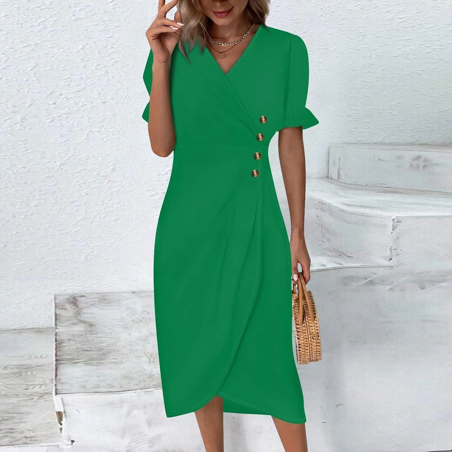 Shift Dresses for Women Faux Wrap Irregular Hem Boho Midi-Dress Elegant Summer Trendy 2025