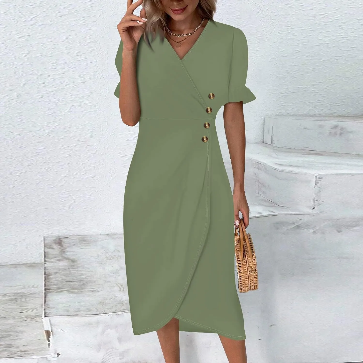 Shift Dresses for Women Faux Wrap Irregular Hem Boho Midi-Dress Elegant Summer Trendy 2025