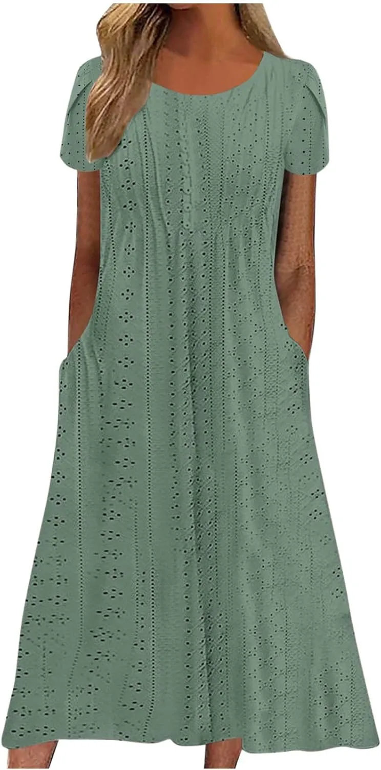 Shirt Dresses for Women Eyelet Casual Summer Boho Flowy Maxi Dresses Vacation Beach Outfits Trendy Clothing 2025