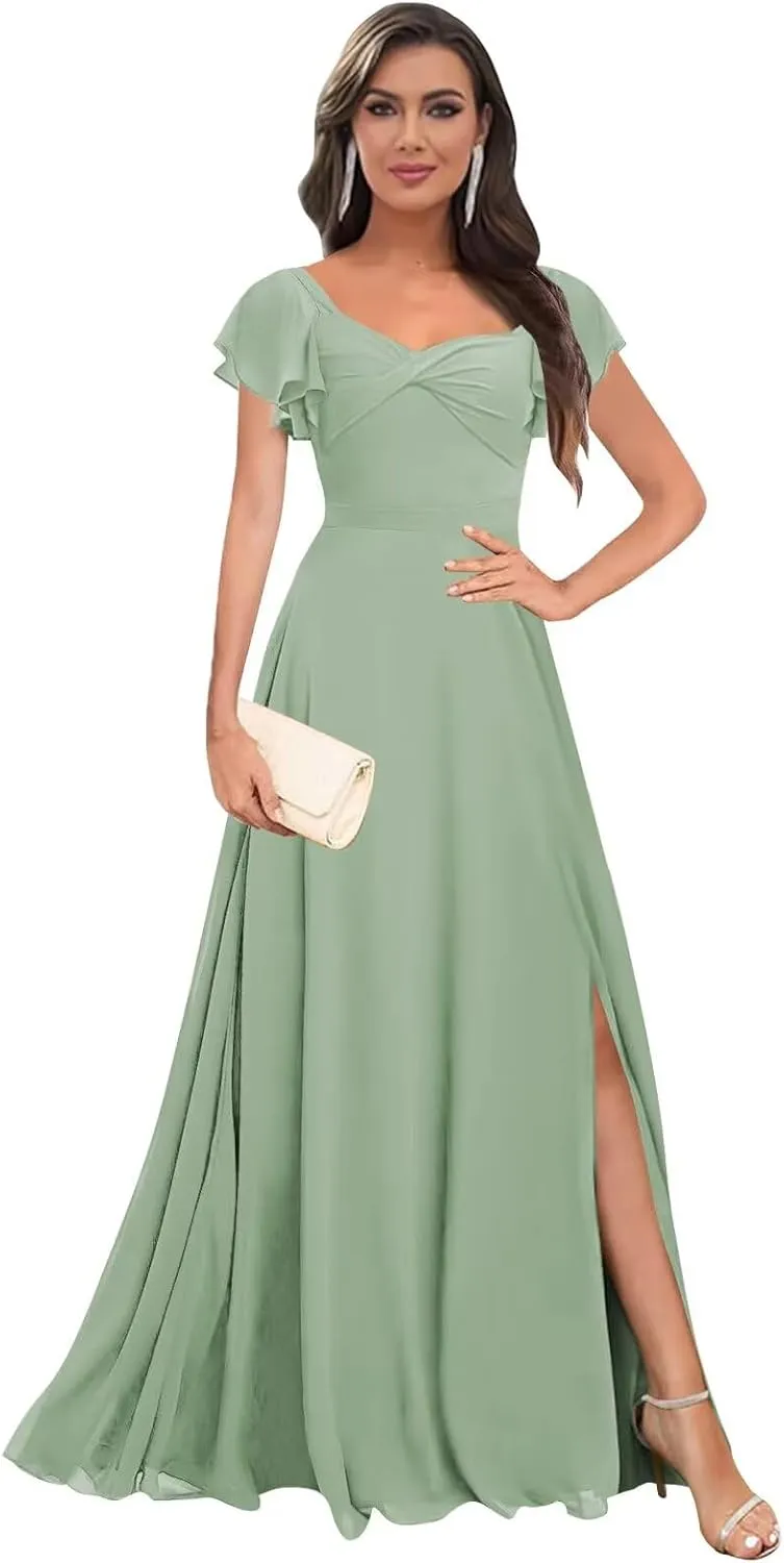 Short Sleeve Bridesmaid Dresses Long V Neck A Line Ruffle Chiffon Evening Formal Gown with Slit