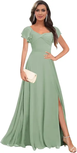 Short Sleeve Bridesmaid Dresses Long V Neck A Line Ruffle Chiffon Evening Formal Gown with Slit