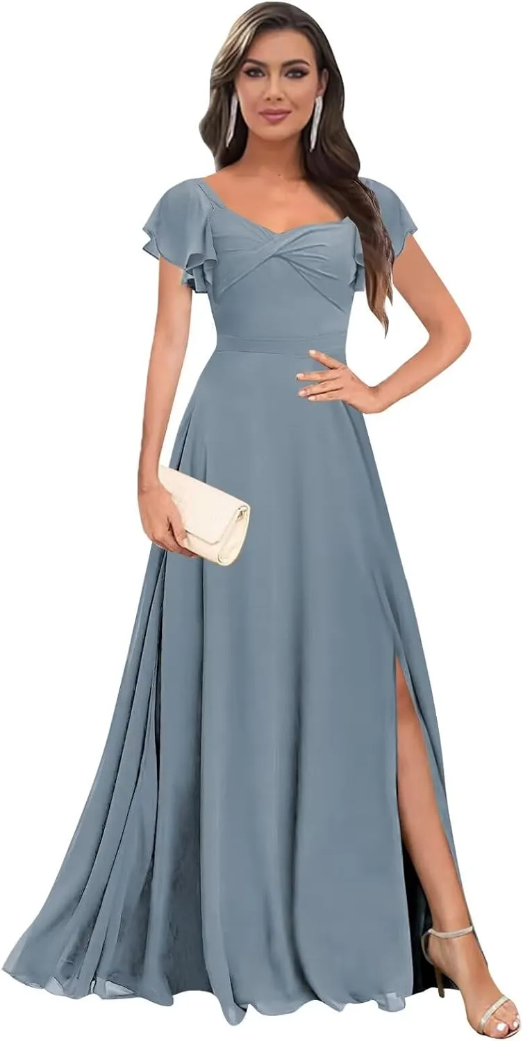 Short Sleeve Bridesmaid Dresses Long V Neck A Line Ruffle Chiffon Evening Formal Gown with Slit
