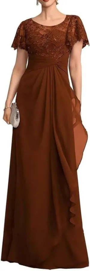 Short Sleeve Mother of The Bride Dresses Long Laces Sequin Chiffon Wedding Wedding Formal Gowns for Women MJ72