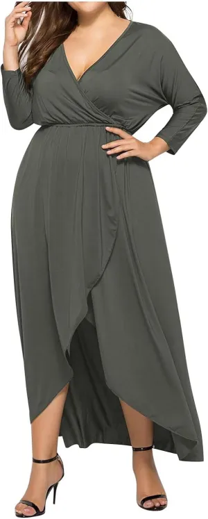 Silk Dresses for Women Elegant V Neck Knee Length Dress Side Slit Midi Dresses Long Sleeve Plus Size Sundress