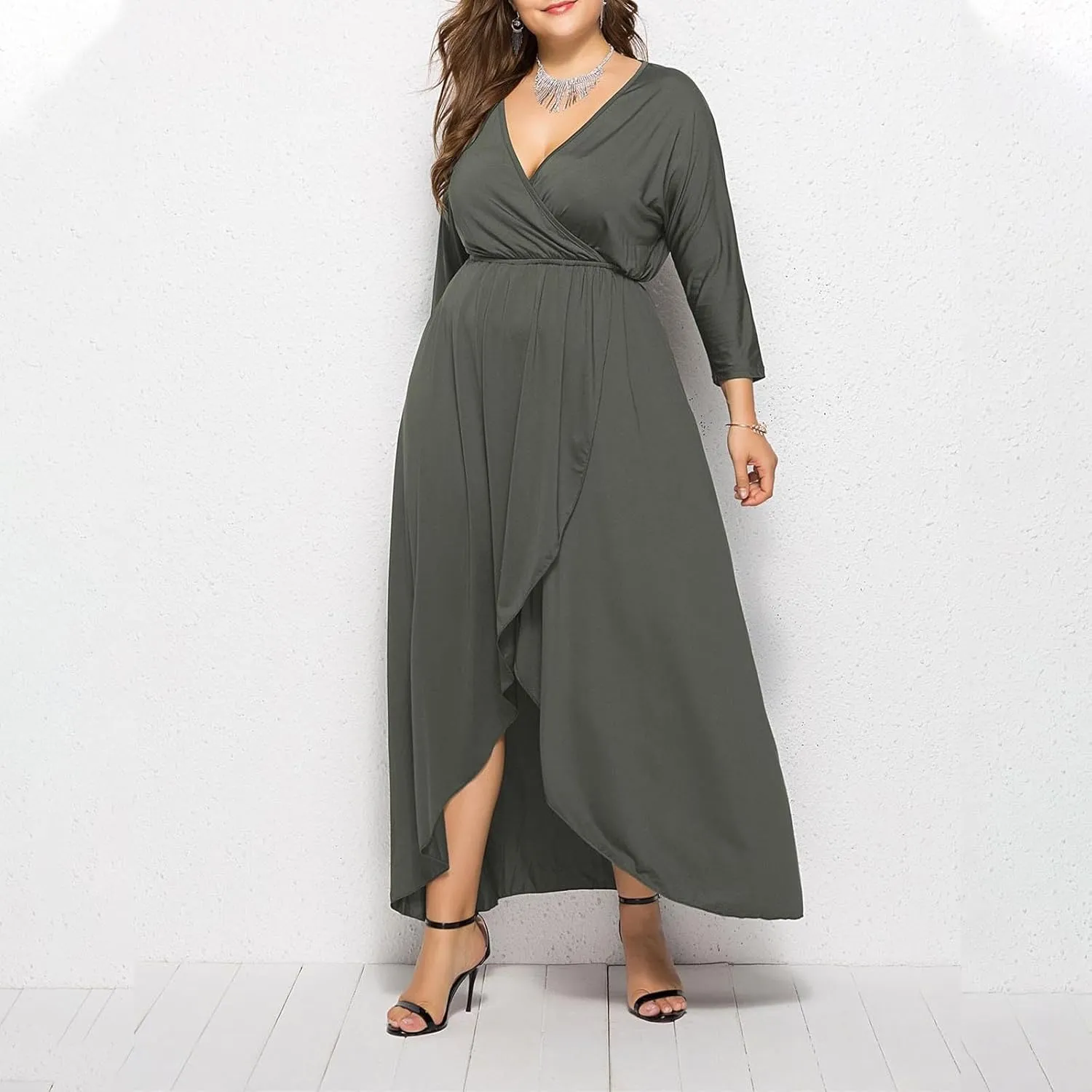 Silk Dresses for Women Elegant V Neck Knee Length Dress Side Slit Midi Dresses Long Sleeve Plus Size Sundress