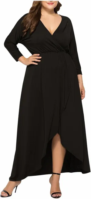 Silk Dresses for Women Elegant V Neck Knee Length Dress Side Slit Midi Dresses Long Sleeve Plus Size Sundress