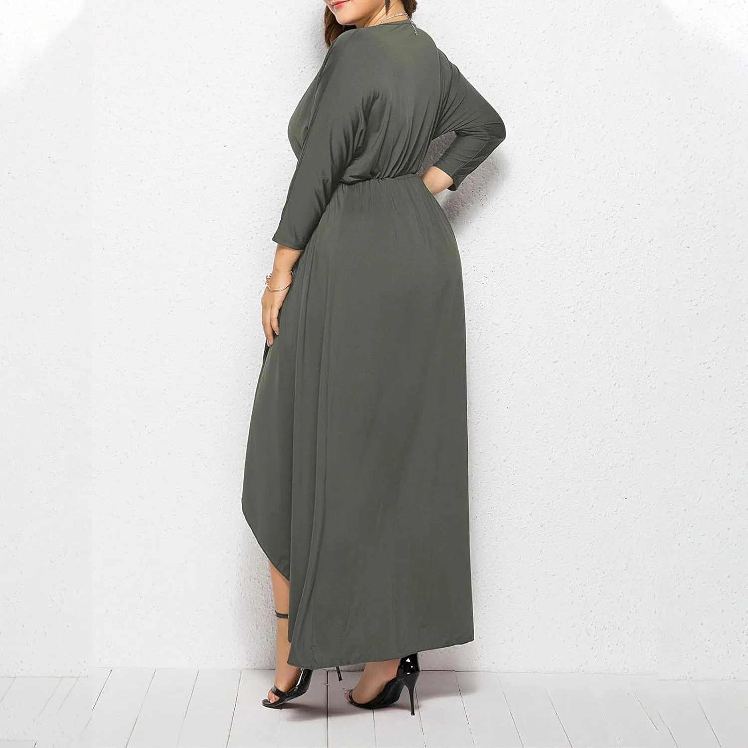 Silk Dresses for Women Elegant V Neck Knee Length Dress Side Slit Midi Dresses Long Sleeve Plus Size Sundress