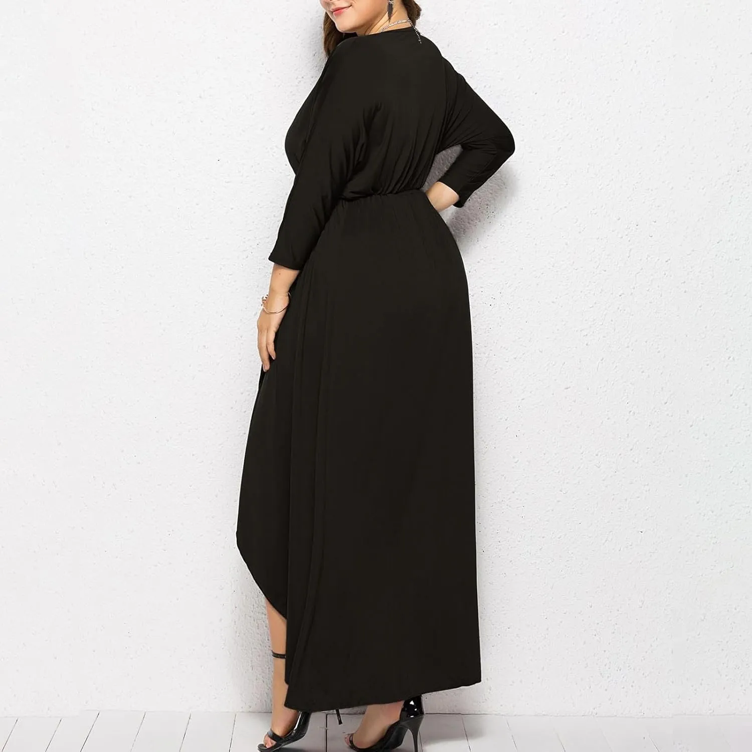 Silk Dresses for Women Elegant V Neck Knee Length Dress Side Slit Midi Dresses Long Sleeve Plus Size Sundress