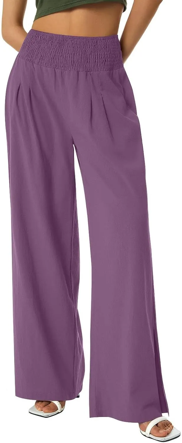 SMIDOW High Waist Wide Leg Cotton Linen Pants for Women Casual Loose Flowy Long Lounge Pant with Slit Flowy Trousers