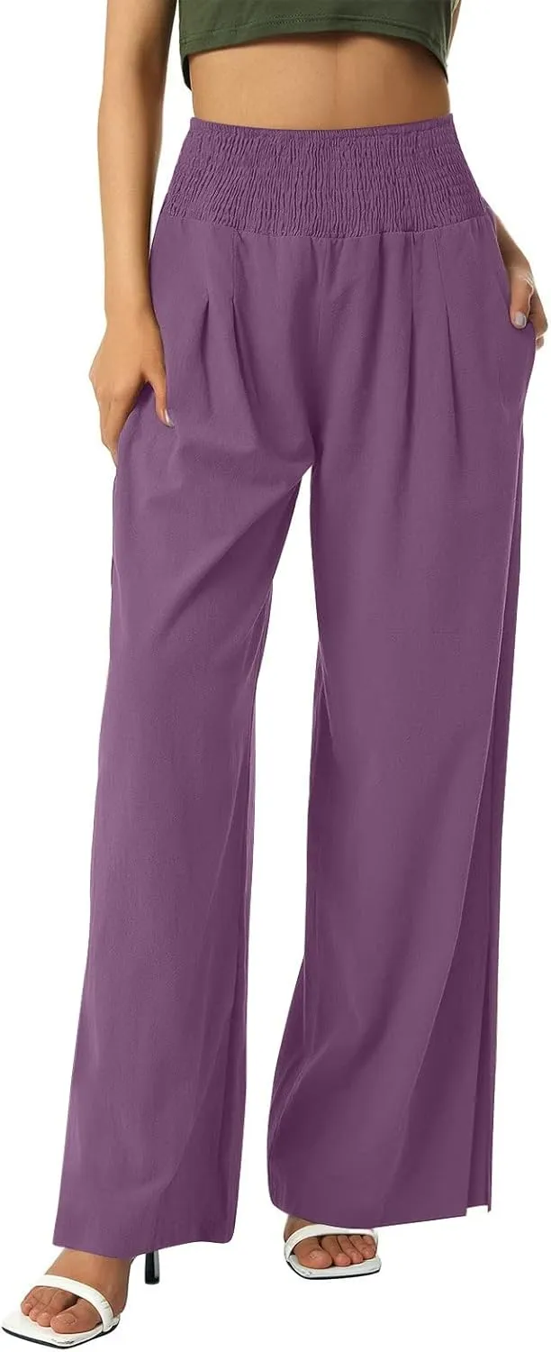 SMIDOW High Waist Wide Leg Cotton Linen Pants for Women Casual Loose Flowy Long Lounge Pant with Slit Flowy Trousers