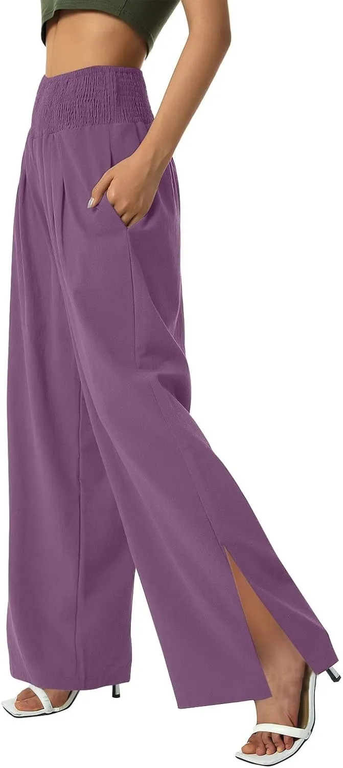 SMIDOW High Waist Wide Leg Cotton Linen Pants for Women Casual Loose Flowy Long Lounge Pant with Slit Flowy Trousers