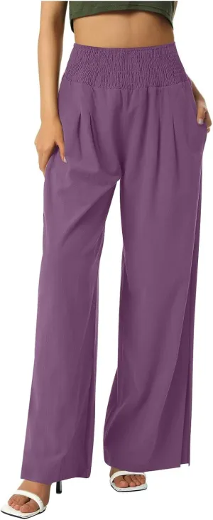 SMIDOW High Waist Wide Leg Cotton Linen Pants for Women Casual Loose Flowy Long Lounge Pant with Slit Flowy Trousers