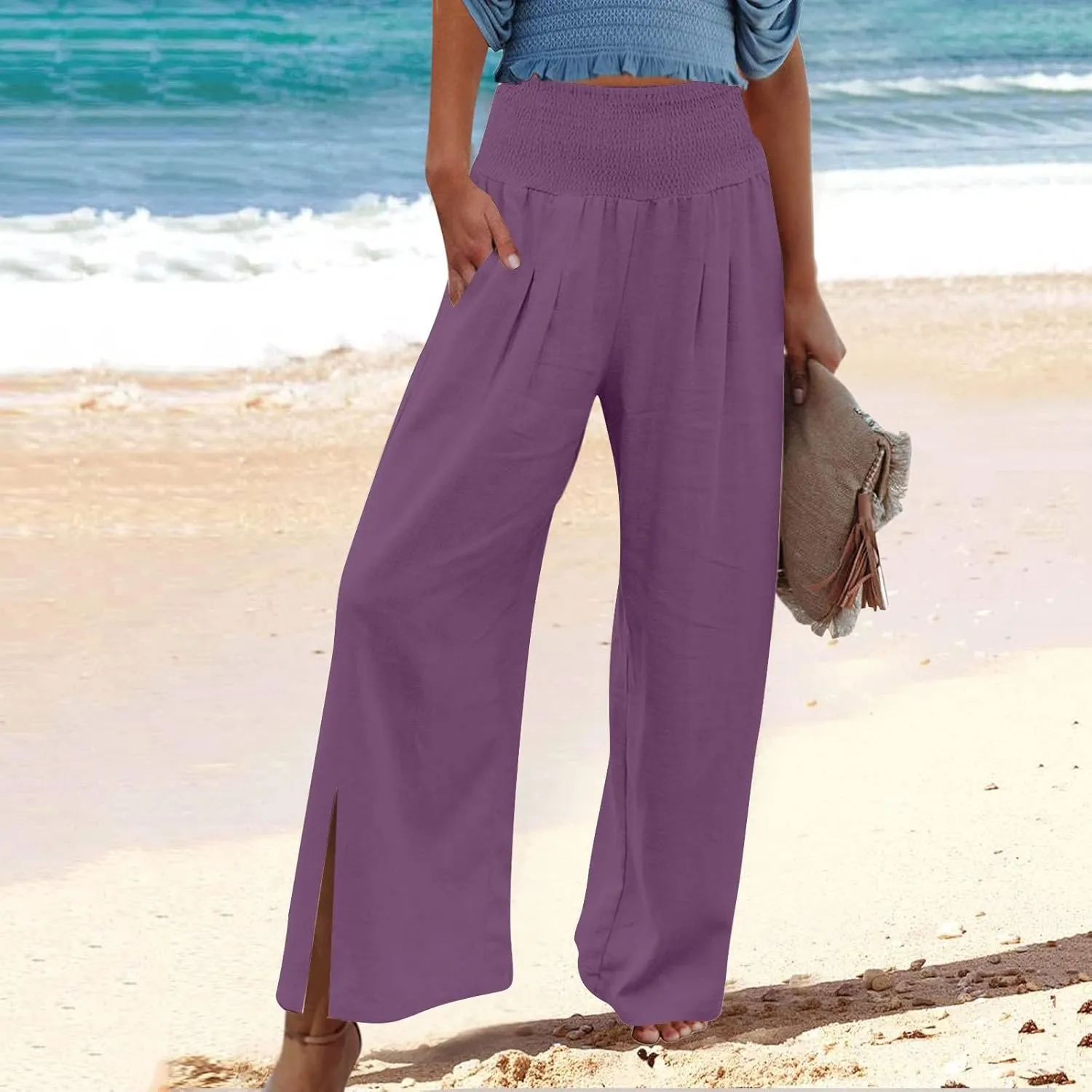 SMIDOW High Waist Wide Leg Cotton Linen Pants for Women Casual Loose Flowy Long Lounge Pant with Slit Flowy Trousers