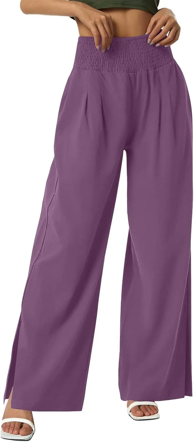 SMIDOW High Waist Wide Leg Cotton Linen Pants for Women Casual Loose Flowy Long Lounge Pant with Slit Flowy Trousers