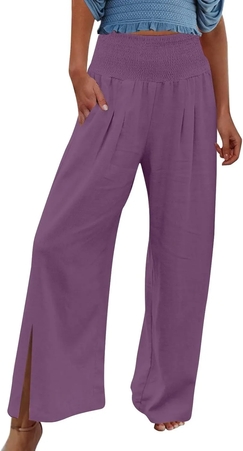 SMIDOW High Waist Wide Leg Cotton Linen Pants for Women Casual Loose Flowy Long Lounge Pant with Slit Flowy Trousers