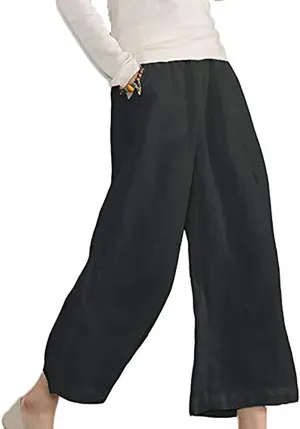 SMIDOW Womens Linen Pants Loose Casual Wide Leg Cropped Pant Elastic High Waist Solid Baggy Trousers with Pockets